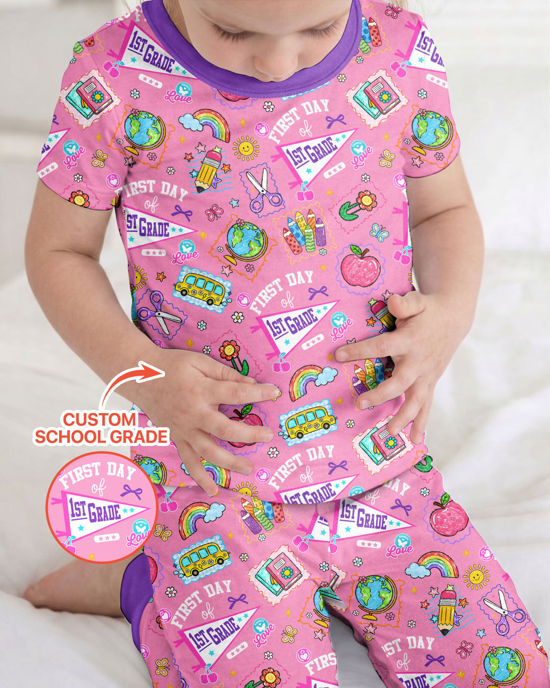 Custom Grade Girls School First Day Bamboo Two Piece Short Sleeve Pajama Set
