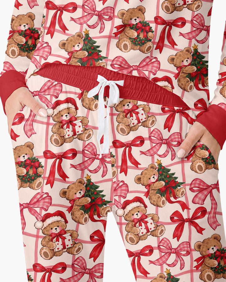 Pink Christmas Teddy Bear Plaid Mommy & Me Matching Bamboo Women Pajama Set
