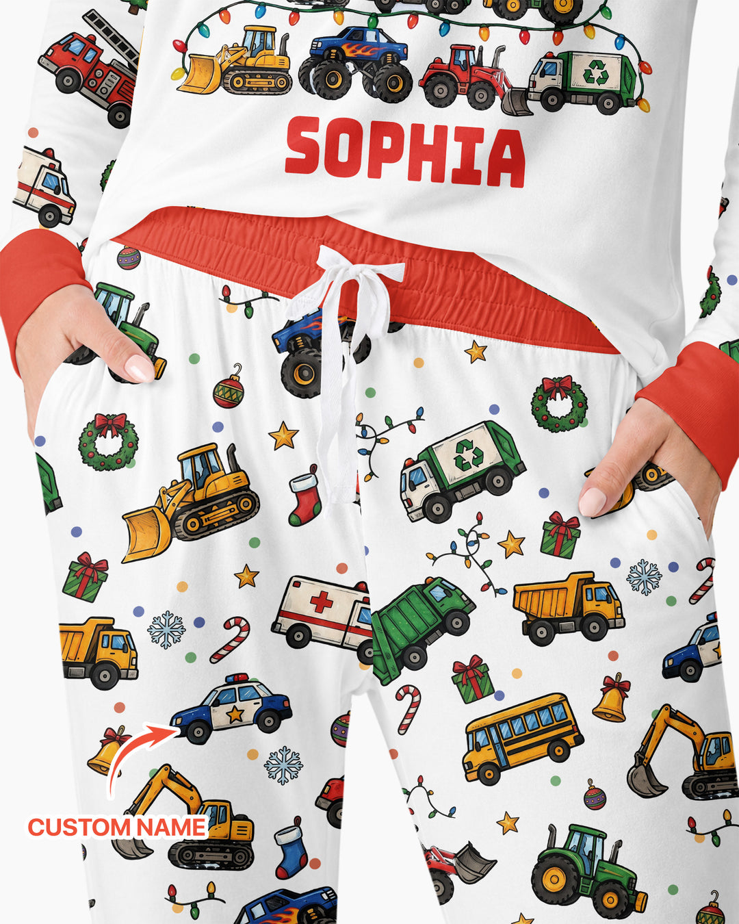 Custom Name Little Trucks Christmas Tree Bamboo Women Pajama Set