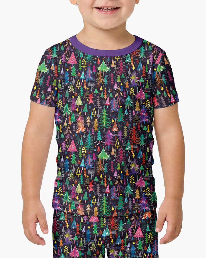 Christmas Holiday Colorful Trees Bamboo Two Piece Short Sleeve Pajama Set
