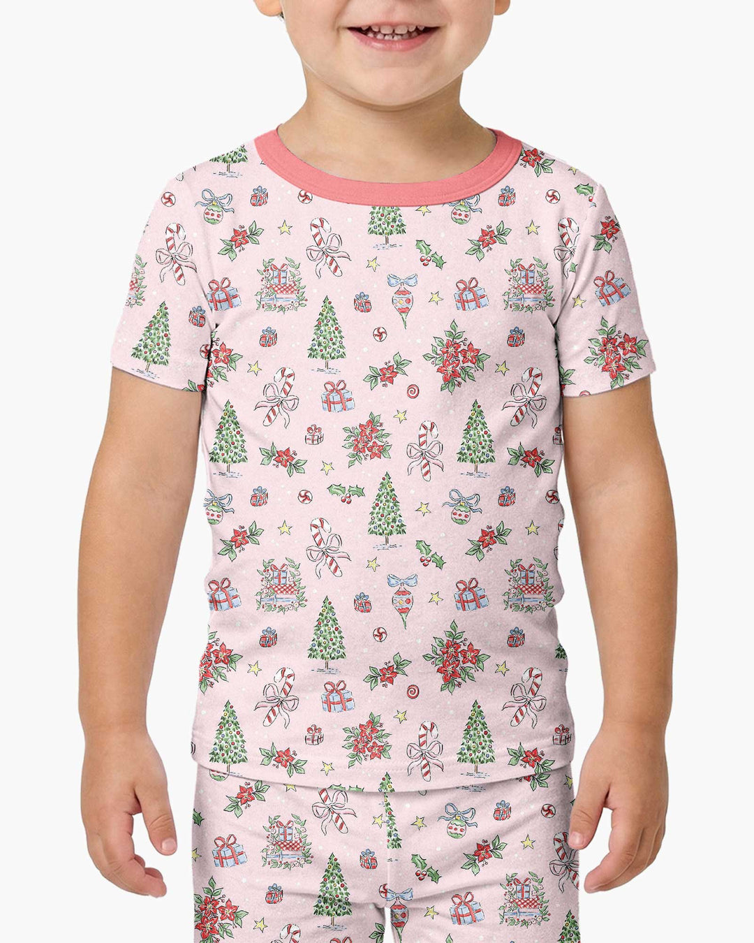 Watercolor Pink Christmas Holidays Christmas Tree Gifts Candy Cane Bamboo Two Piece Short Sleeve Pajama Set
