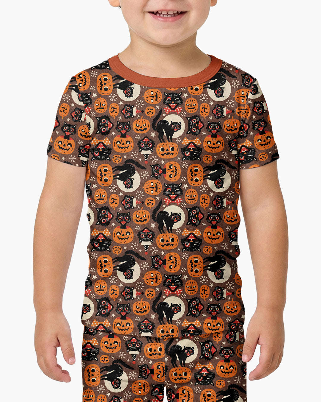 Vintage Halloween Black Cat Pumpkin Bamboo Two Piece Short Sleeve Pajama Set