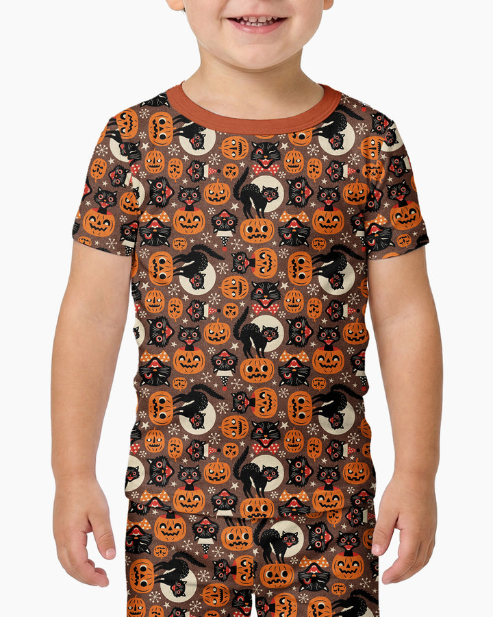 Vintage Halloween Black Cat Pumpkin Bamboo Two Piece Short Sleeve Pajama Set