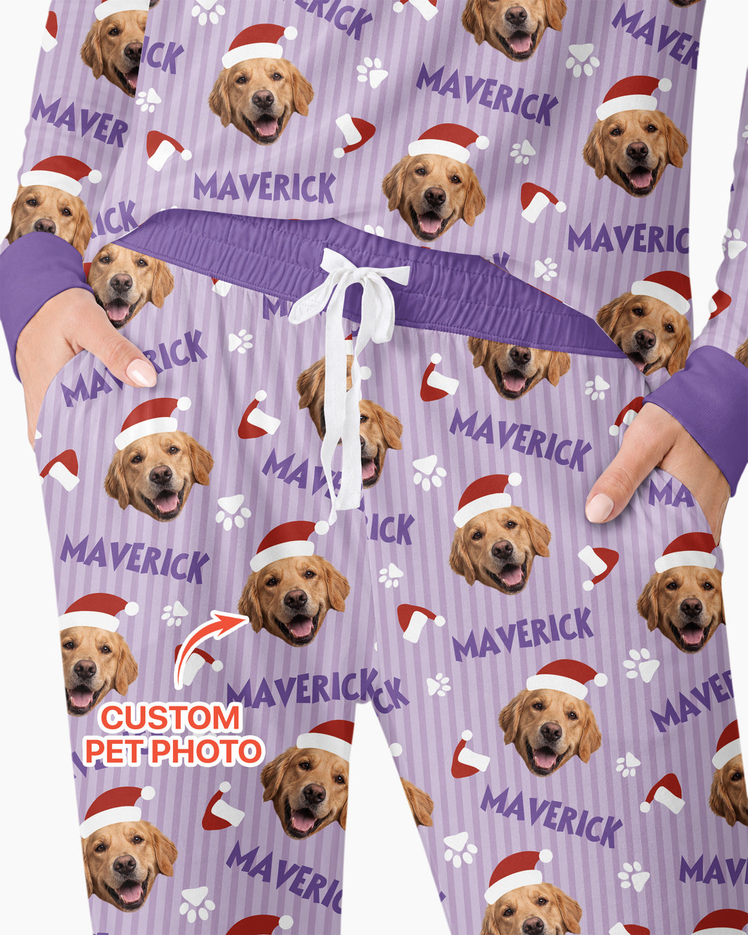 Custom Pet Photo Christmas Paws Stripe Bamboo Women Pajama Set