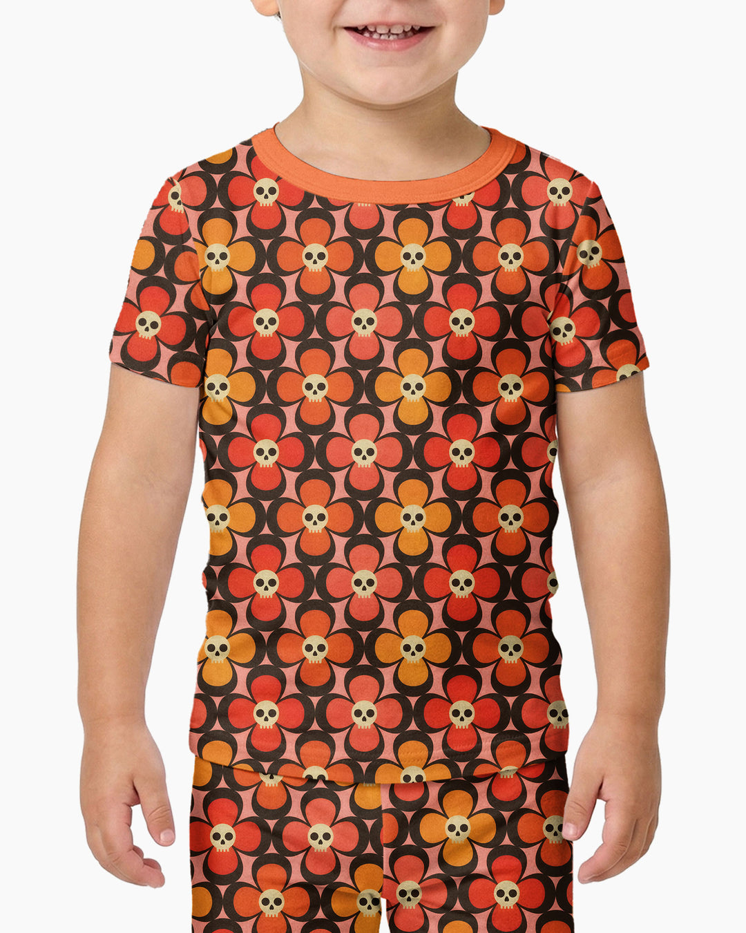 Retro Skull Flower Halloween Bamboo Two Piece Short Sleeve Pajama Set