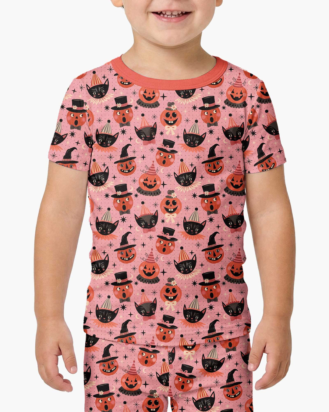 Retro Halloween Cats and Funny Pumpkins Bamboo Two Piece Short Sleeve Pajama Set
