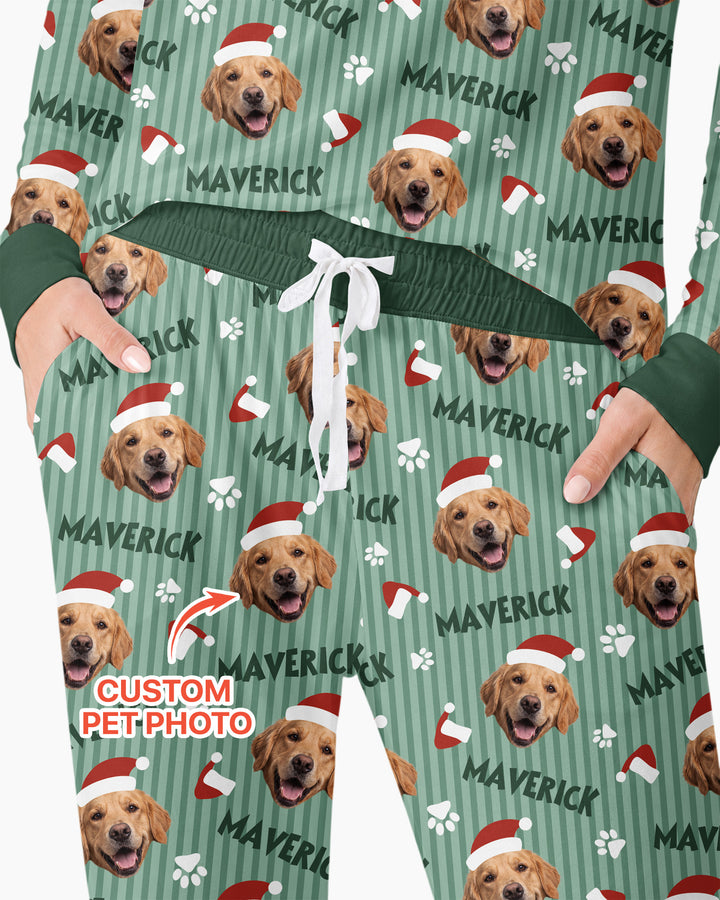 Custom Pet Photo Christmas Paws Stripe Bamboo Women Pajama Set