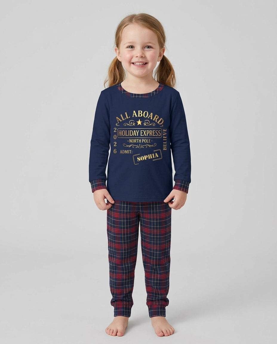 Custom Name North Pole Plaid Bamboo Two Piece Long Sleeve Pajama Set