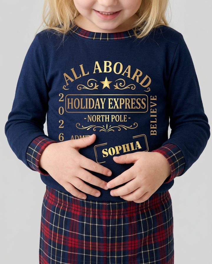 Custom Name North Pole Plaid Bamboo Two Piece Long Sleeve Pajama Set