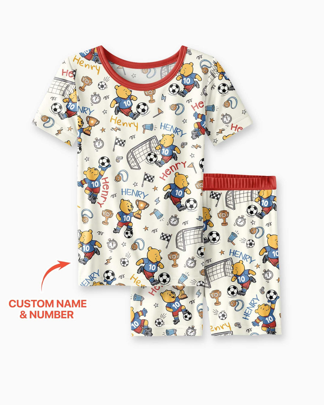 Personalized Classic Bear World Soccer Bamboo Two Piece Short Sleeve Shorts Pajama Set