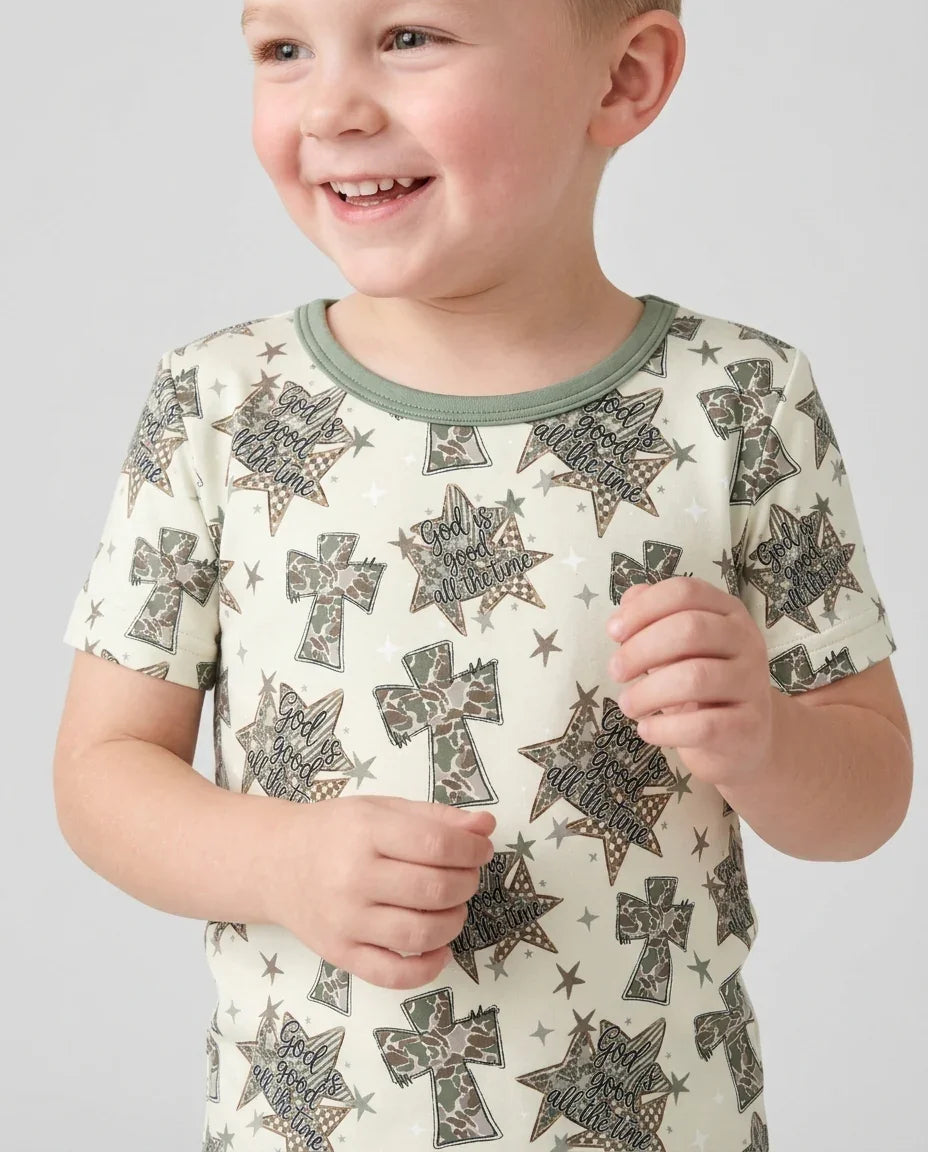 Camo God is Good Family Matching Bamboo Two Piece Short Sleeve Shorts Pajama Set