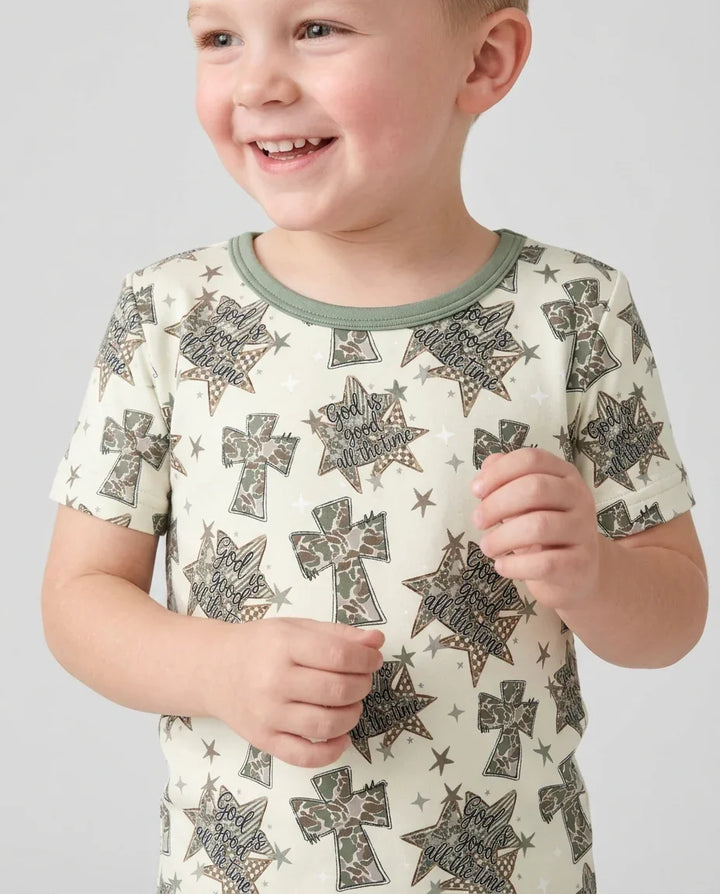 Camo God is Good Family Matching Bamboo Two Piece Short Sleeve Shorts Pajama Set