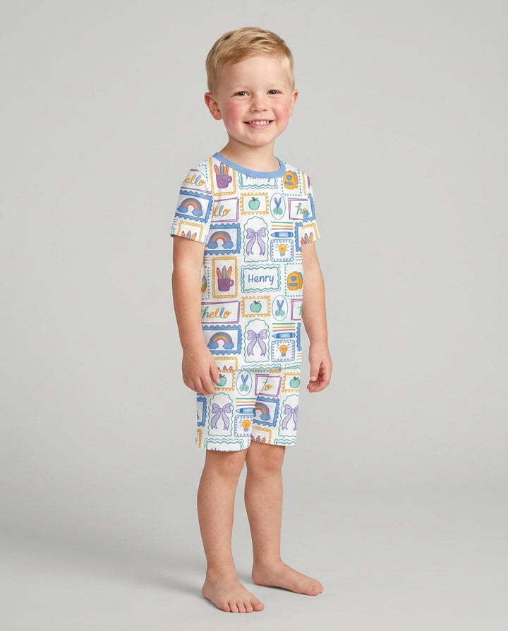 Custom Name Hello School Bamboo Two Piece Short Sleeve Shorts Pajama Set