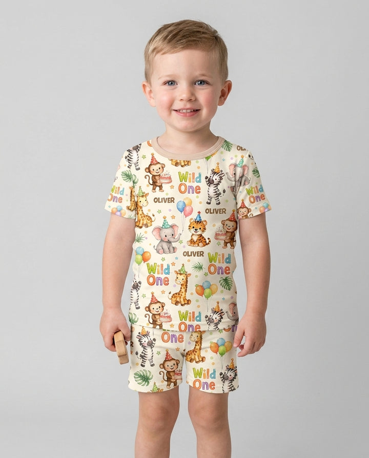 Custom Name 1st Birthday Wild One Bamboo Two Piece Short Sleeve Shorts Pajama Set