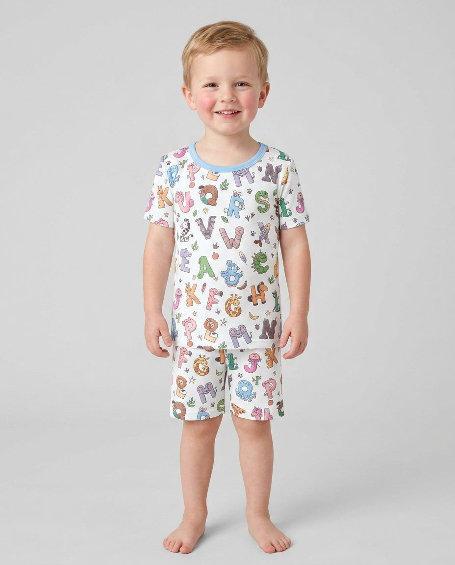 Animals Alphabet Bamboo Two Piece Short Sleeve Shorts Pajama Set