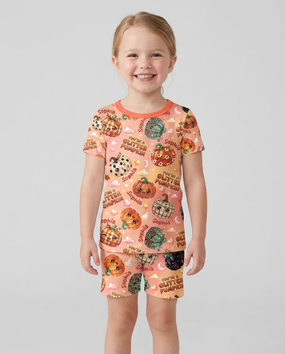 Custom Name You're A Glitter Pumpkin Bamboo Two Piece Short Sleeve Shorts Pajama Set