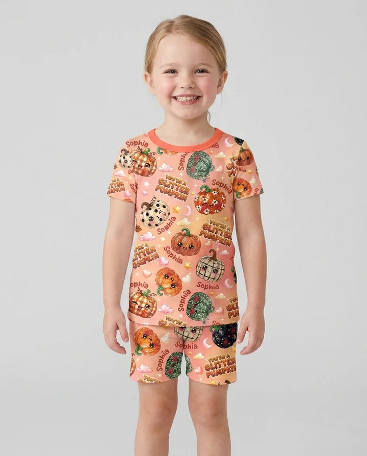 Custom Name You're A Glitter Pumpkin Bamboo Two Piece Short Sleeve Shorts Pajama Set