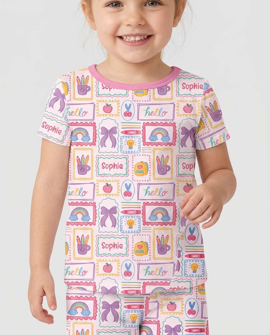 Custom Name Hello School Bamboo Two Piece Short Sleeve Shorts Pajama Set