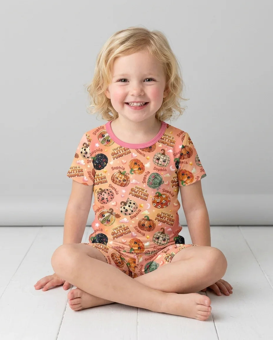 Custom Name You're A Glitter Pumpkin Bamboo Two Piece Short Sleeve Shorts Pajama Set