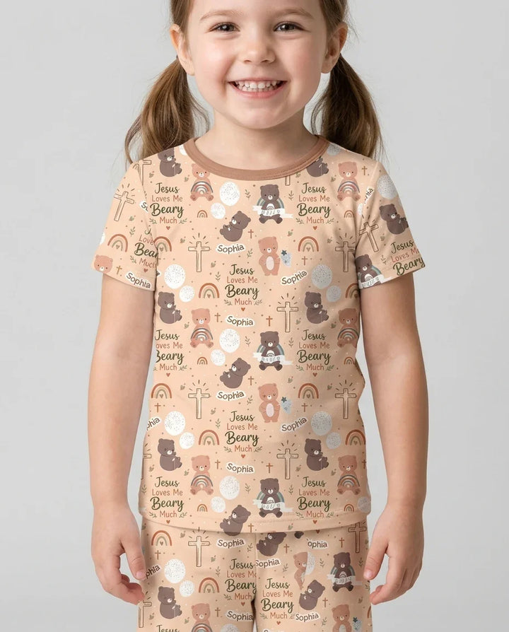 Custom Name Jesus Loves Me Beary Much Bamboo Two Piece Short Sleeve Shorts Pajama Set