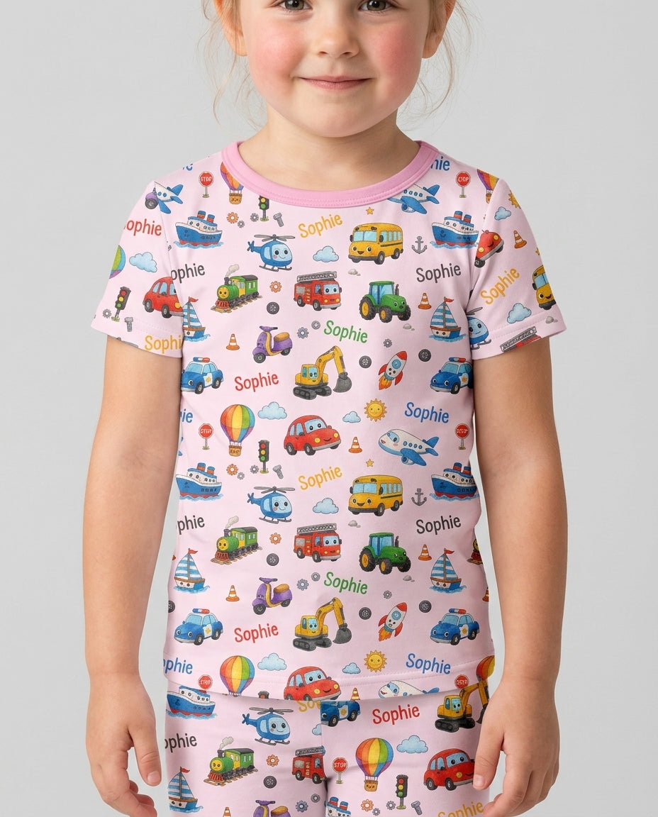 Custom Name Cute Transport Bamboo Two Piece Short Sleeve Shorts Pajama Set