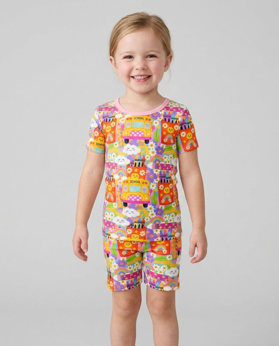 Retro Happy Classroom Bamboo Two Piece Short Sleeve Shorts Pajama Set