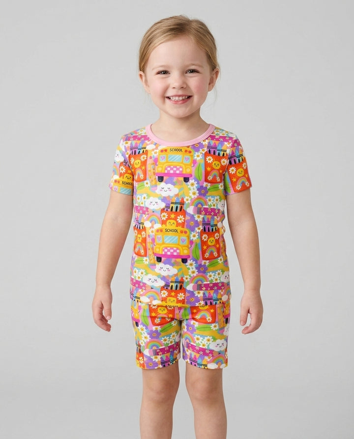 Retro Happy Classroom Bamboo Two Piece Short Sleeve Shorts Pajama Set