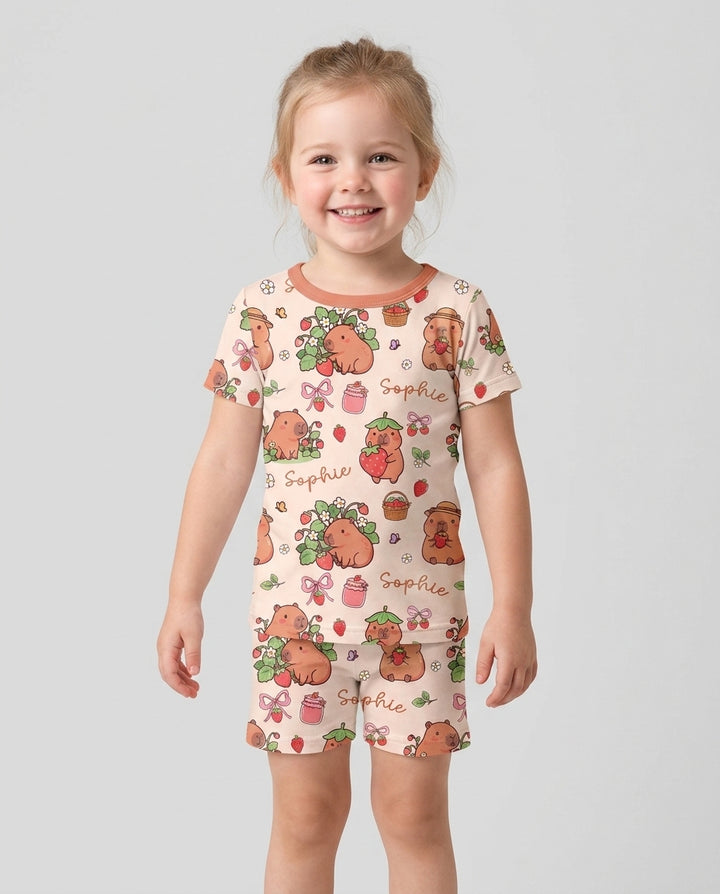 Custom Name Capybara Strawberry Bamboo Two Piece Short Sleeve Shorts Pajama Set