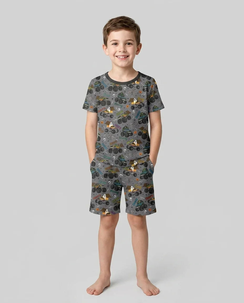 Custom Name Halloween Creepy Crusher Family Matching Bamboo Two Piece Short Sleeve Shorts Pajama Set