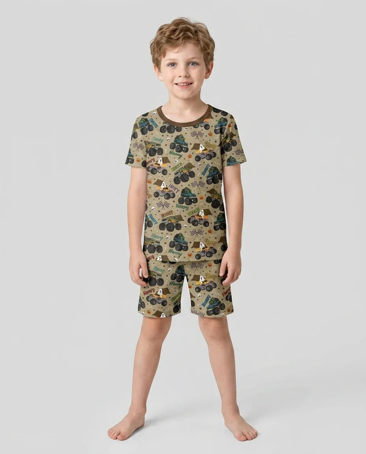 Custom Name Halloween Creepy Crusher Family Matching Bamboo Two Piece Short Sleeve Shorts Pajama Set