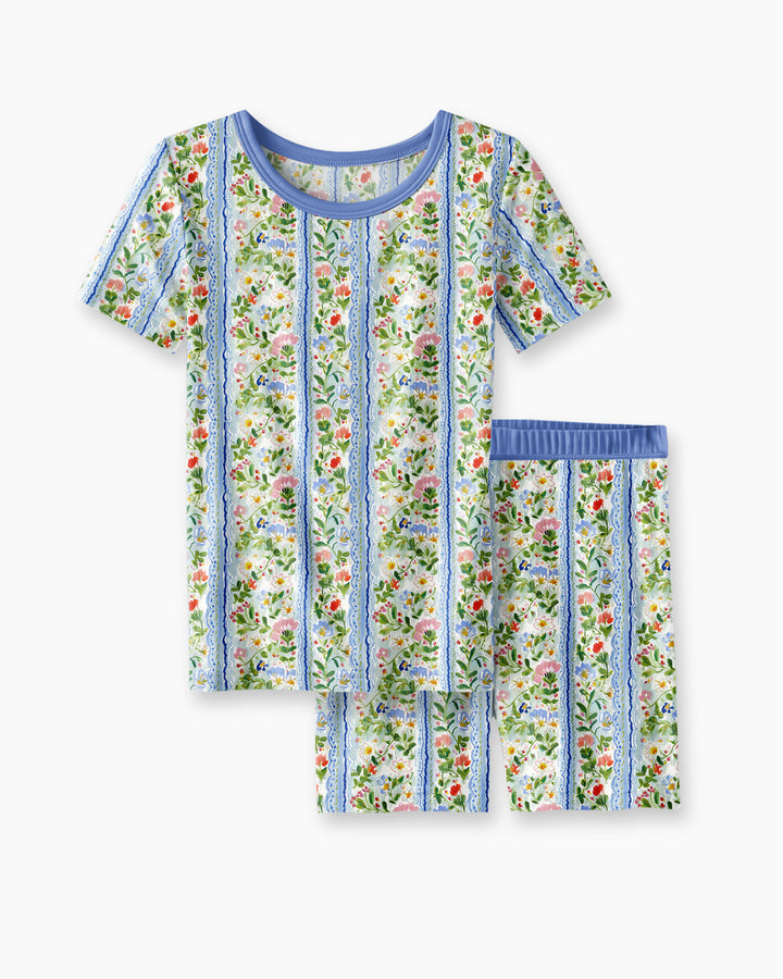 Pastel Floral Girl Bamboo Two Piece Short Sleeve Shorts Pajama Set
