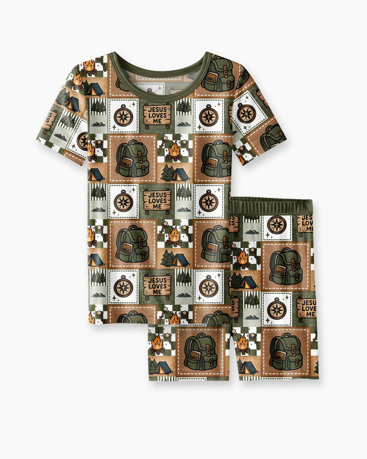 Camping Jesus Loves Me Bamboo Two Piece Short Sleeve Shorts Pajama Set