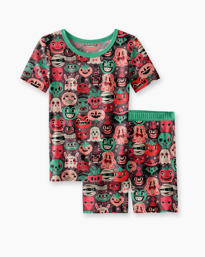 Retro Halloween Monsters Ghost Pumpkin Mummy Bamboo Two Piece Short Sleeve Shorts Pajama Set