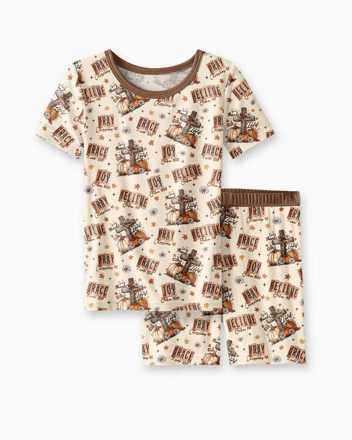 Floral Fall Give Thanks To The Lord Bamboo Two Piece Short Sleeve Shorts Pajama Set