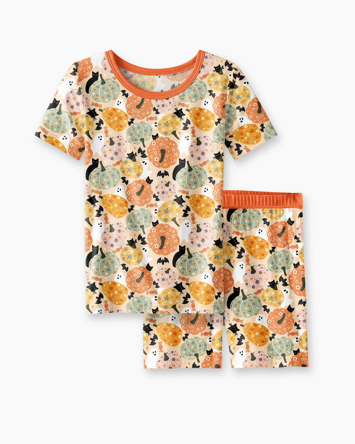 Floral Pumpkin Ghost Halloween Bamboo Two Piece Short Sleeve Shorts Pajama Set