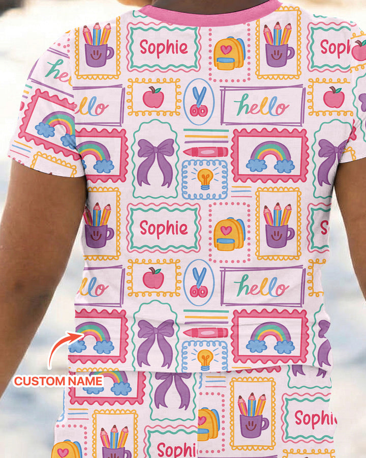 Custom Name Hello School Bamboo Two Piece Short Sleeve Pajama Set