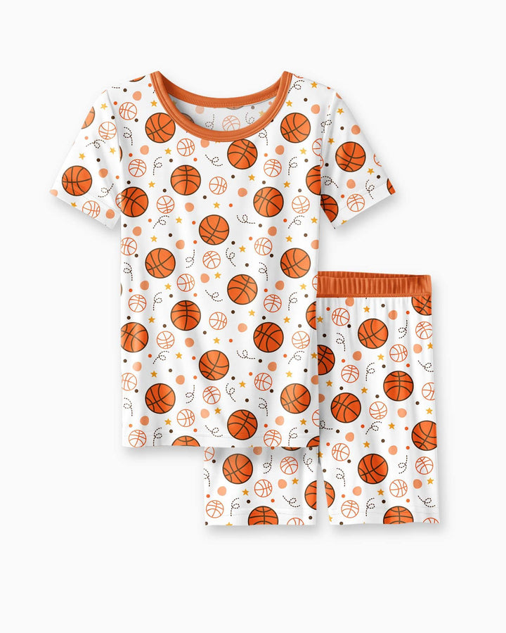 Orangefarbener Basketball-Bambus-Zweiteiler, Kurzarm-Shorts-Pyjama-Set