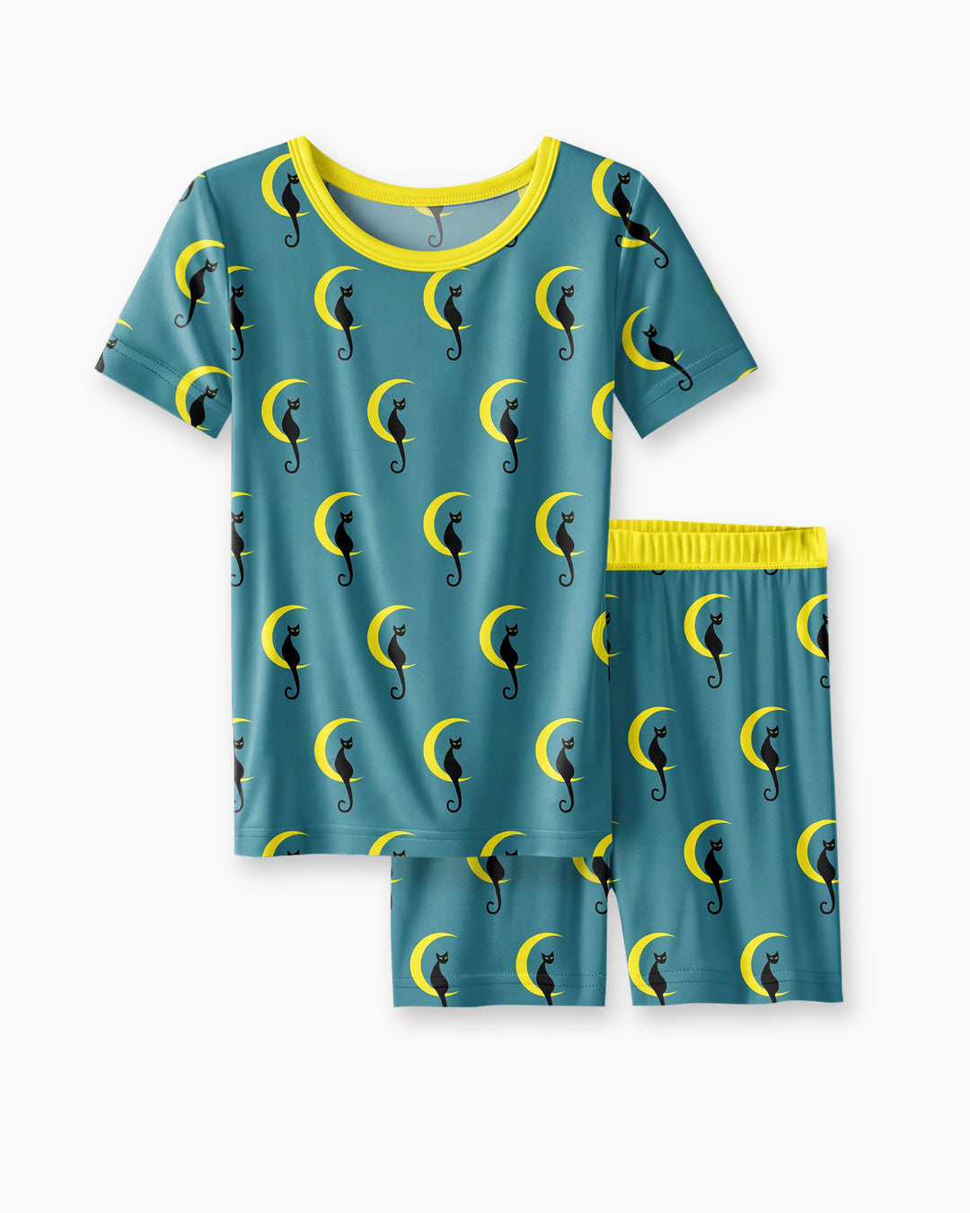 Black Cat Crescent Moon Celestial Night Bamboo Two Piece Short Sleeve Shorts Pajama Set
