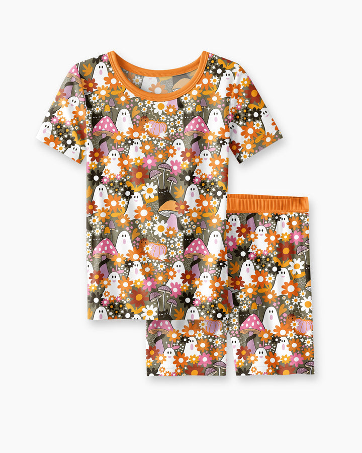 Retro Ghost Mushroom Floral Halloween Bamboo Two Piece Short Sleeve Shorts Pajama Set