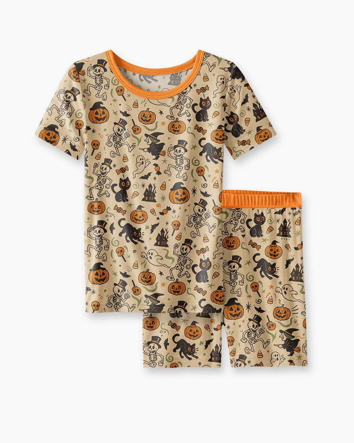 Vintage Skeleton Pumpkin Halloween Bamboo Two Piece Short Sleeve Shorts Pajama Set