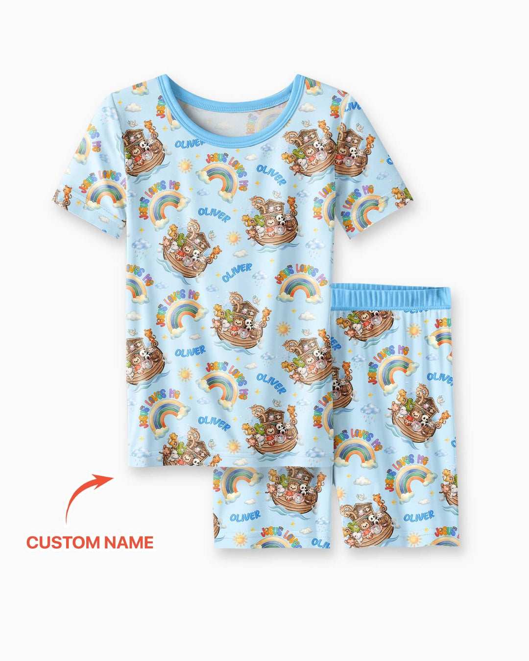 Custom Name Jesus Loves Me Noah's Ark Bamboo Two Piece Short Sleeve Shorts Pajama Set