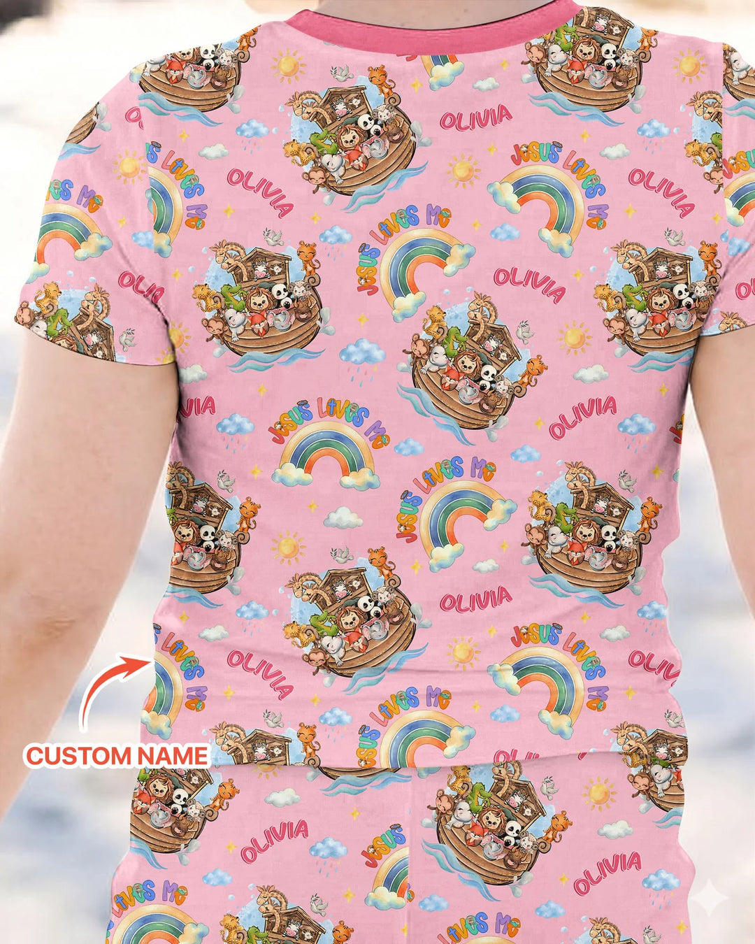 Custom Name Jesus Loves Me Noah's Ark Bamboo Two Piece Short Sleeve Pajama Set