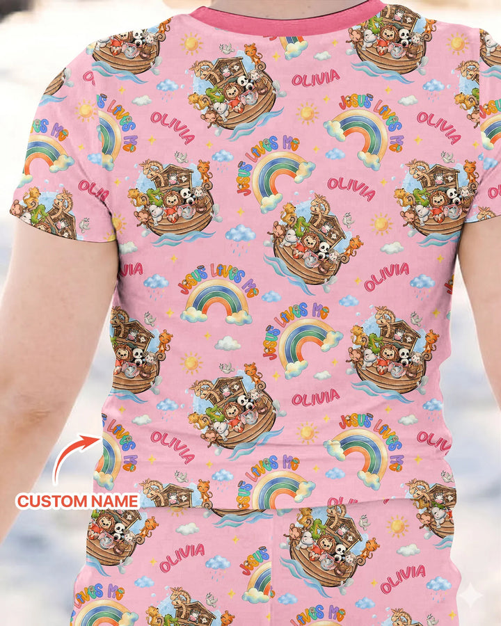 Custom Name Jesus Loves Me Noah's Ark Bamboo Two Piece Short Sleeve Pajama Set