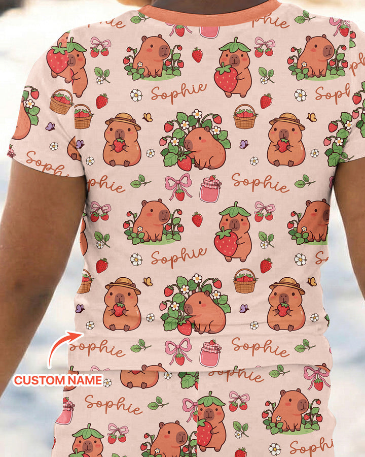 Custom Name Capybara Strawberry Bamboo Two Piece Short Sleeve Pajama Set