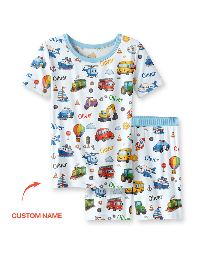 Custom Name Cute Transport Bamboo Two Piece Short Sleeve Shorts Pajama Set