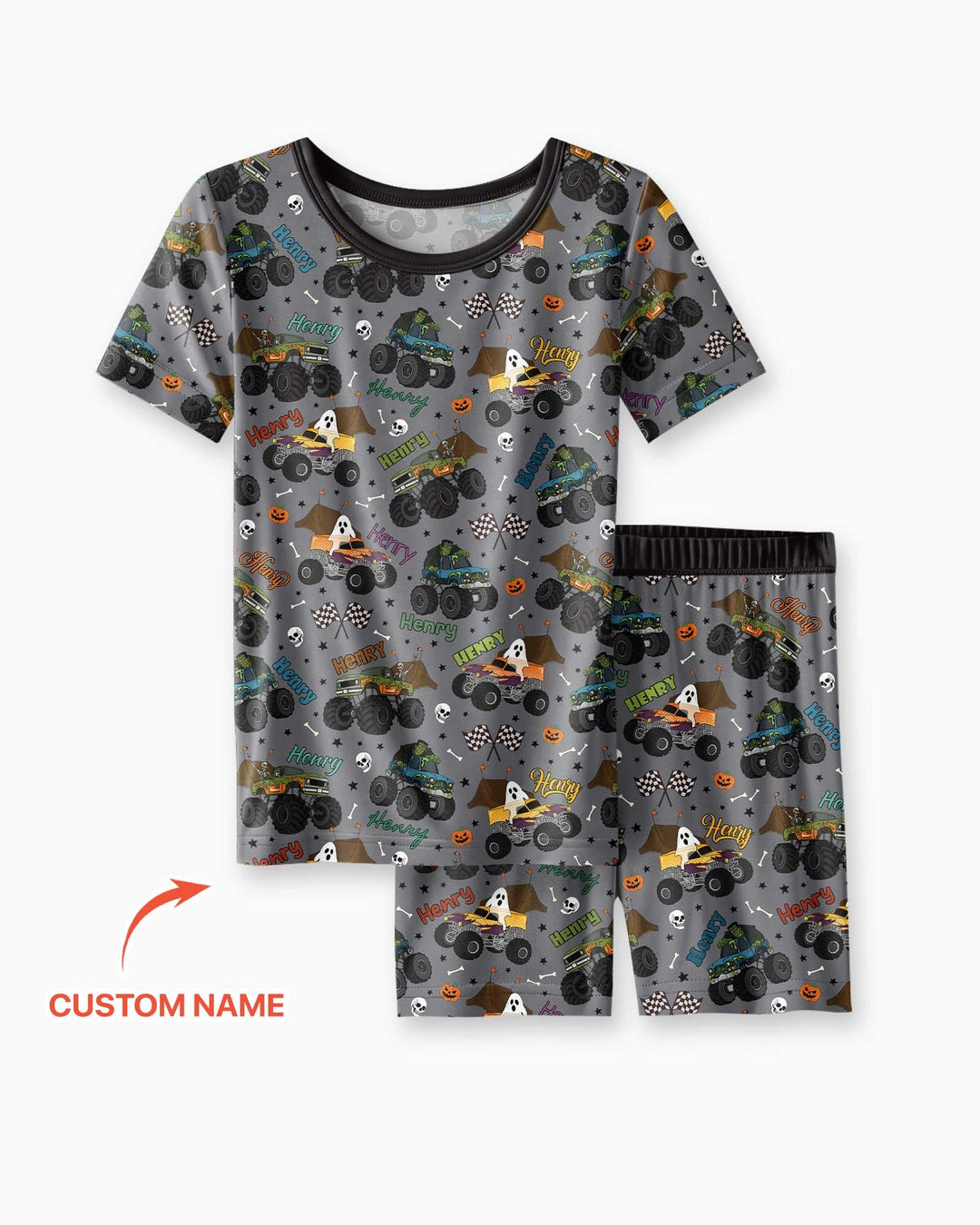 Custom Name Halloween Creepy Crusher Family Matching Bamboo Two Piece Short Sleeve Shorts Pajama Set