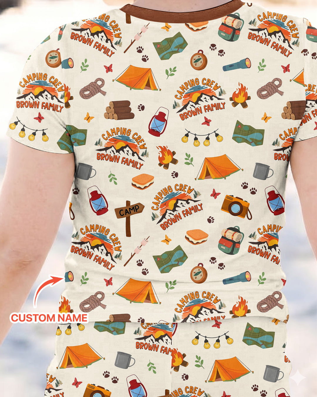 Custom Name Camping Crew Family Matching Bamboo Two Piece Short Sleeve Pajama Set