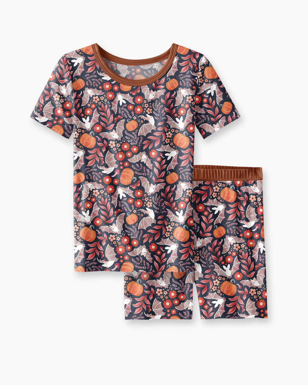 Bat Pumpkin Floral Halloween Bamboo Two Piece Short Sleeve Shorts Pajama Set
