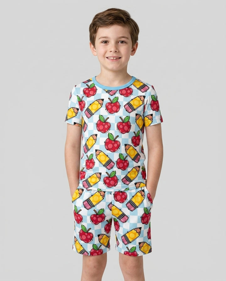 Checkered Apple Scribbles Bamboo Two Piece Short Sleeve Shorts Pajama Set