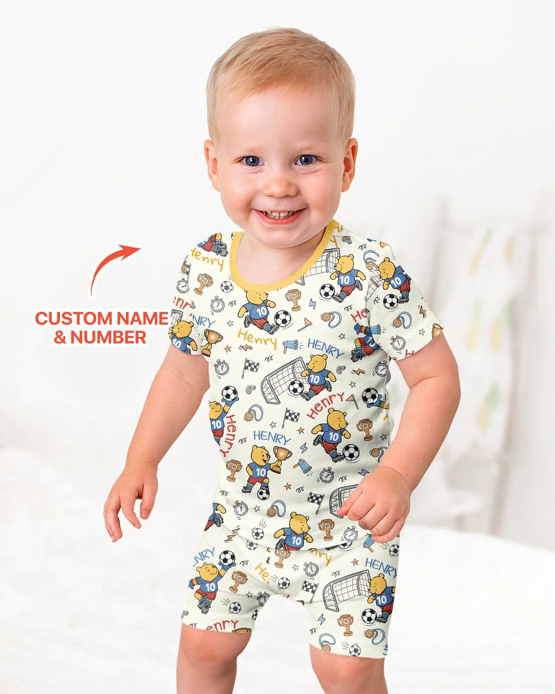 Personalized Classic Bear World Soccer Bamboo Two Piece Short Sleeve Shorts Pajama Set